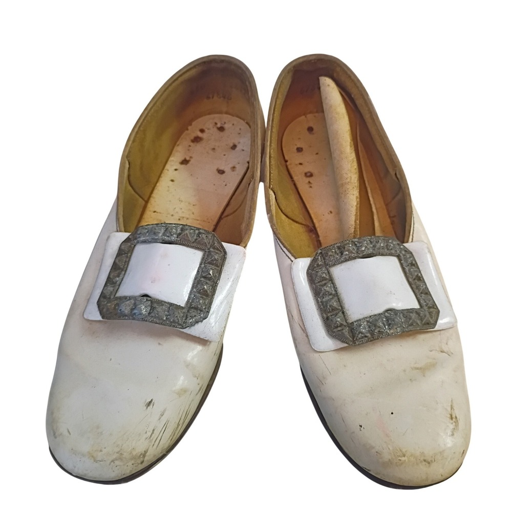 Vintage White‎ Patent Leather Colonial Buckle Loafers Pilgrim Shoes 67846